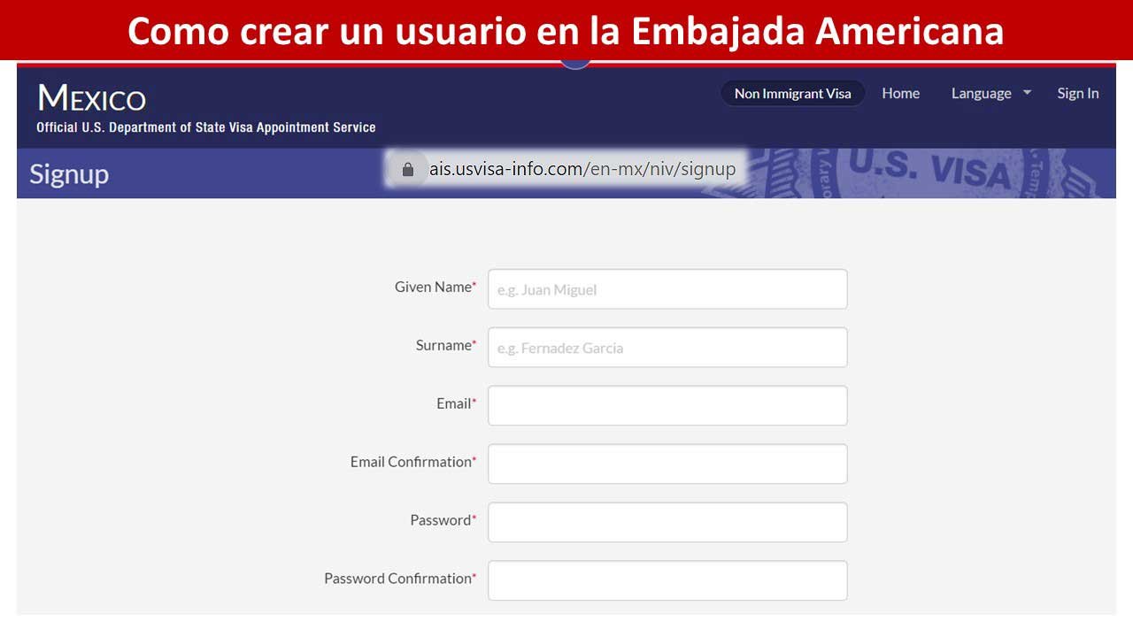 Como crear un usuario en la Embajada Americana